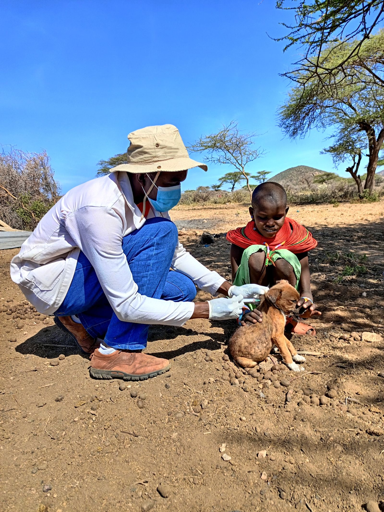 A vet crouched in the dust of a village yard, vaccinating a puppy a child is holding still